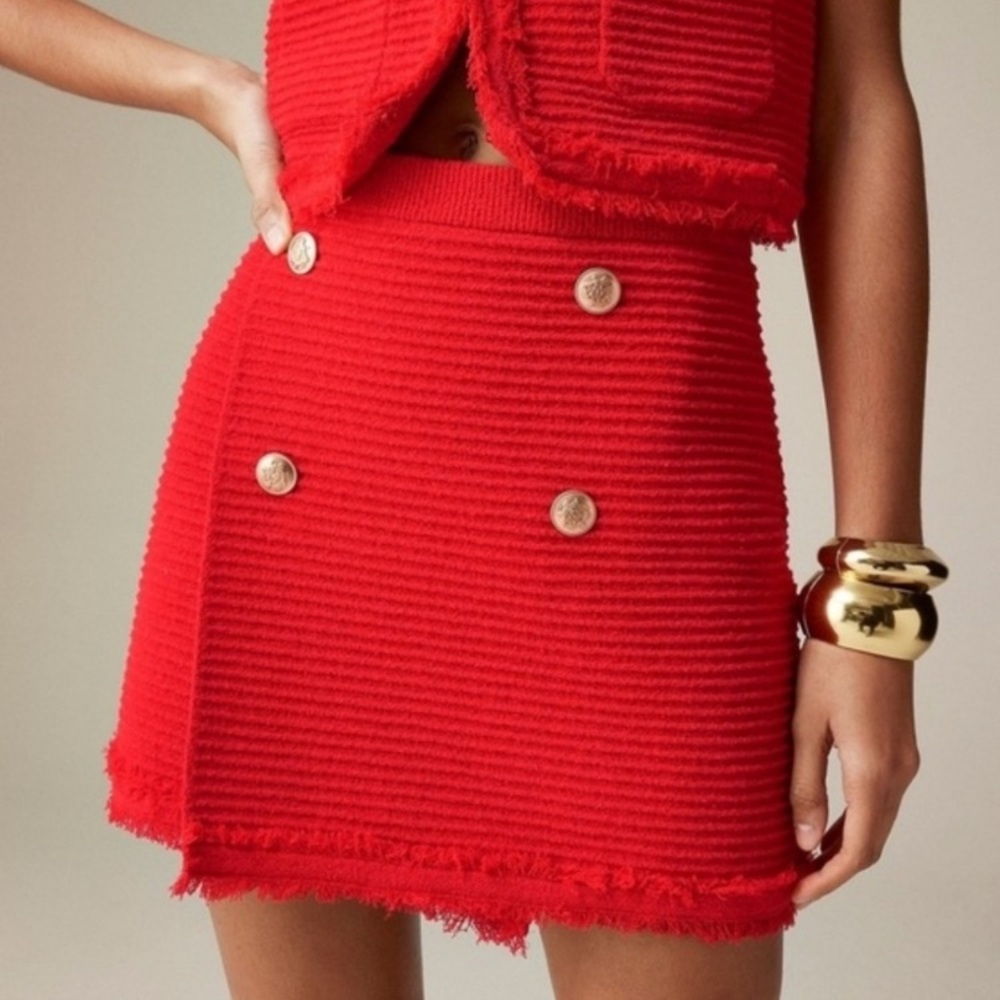 NWT J. Crew Red Faux Wrap Stretch Sweater Gold Buttons Skirt Frayed Hem XL